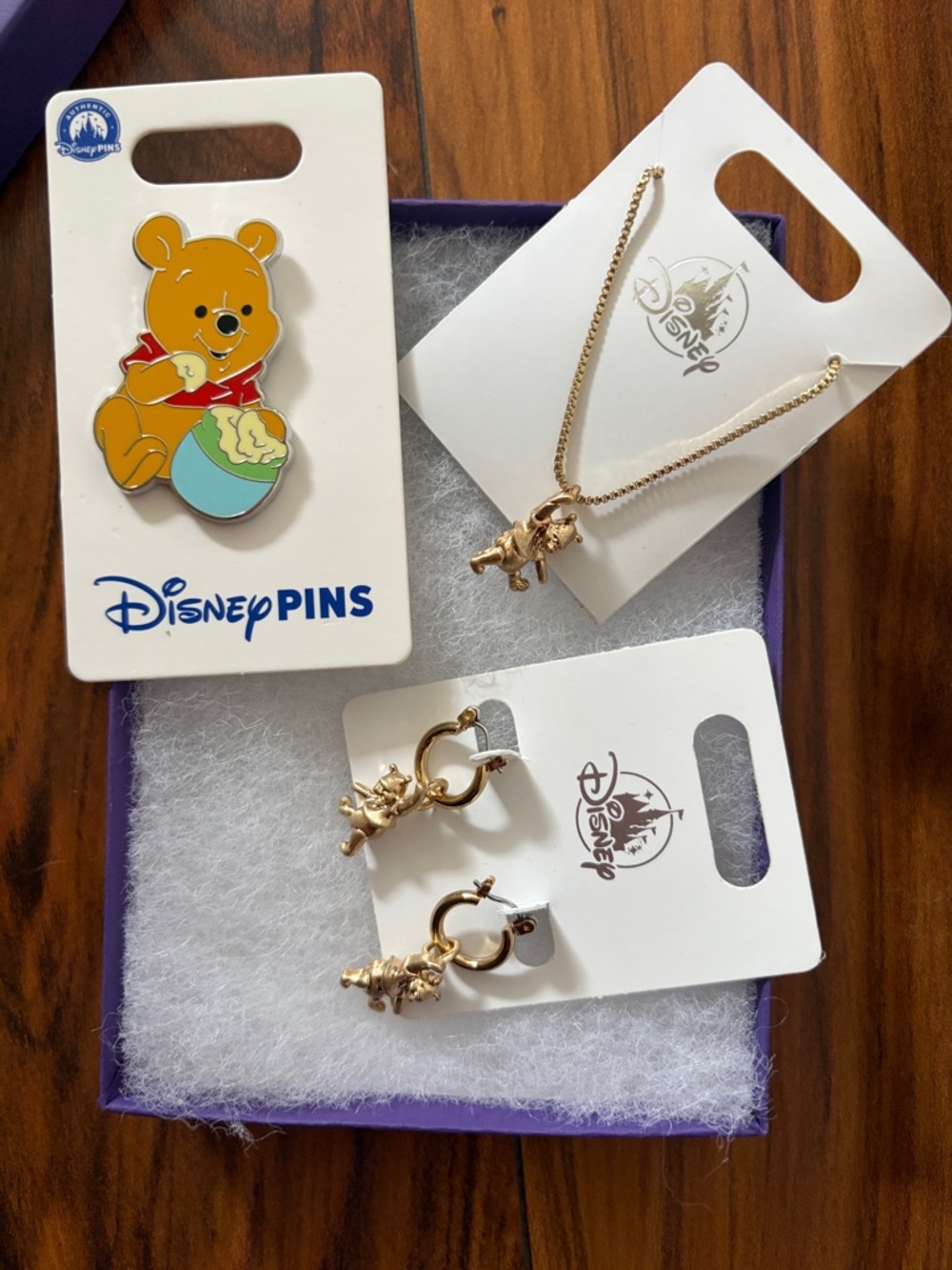 Disney Gold Winnie the Pooh Necklace, Hoop Earrings & Enamel Pin Set